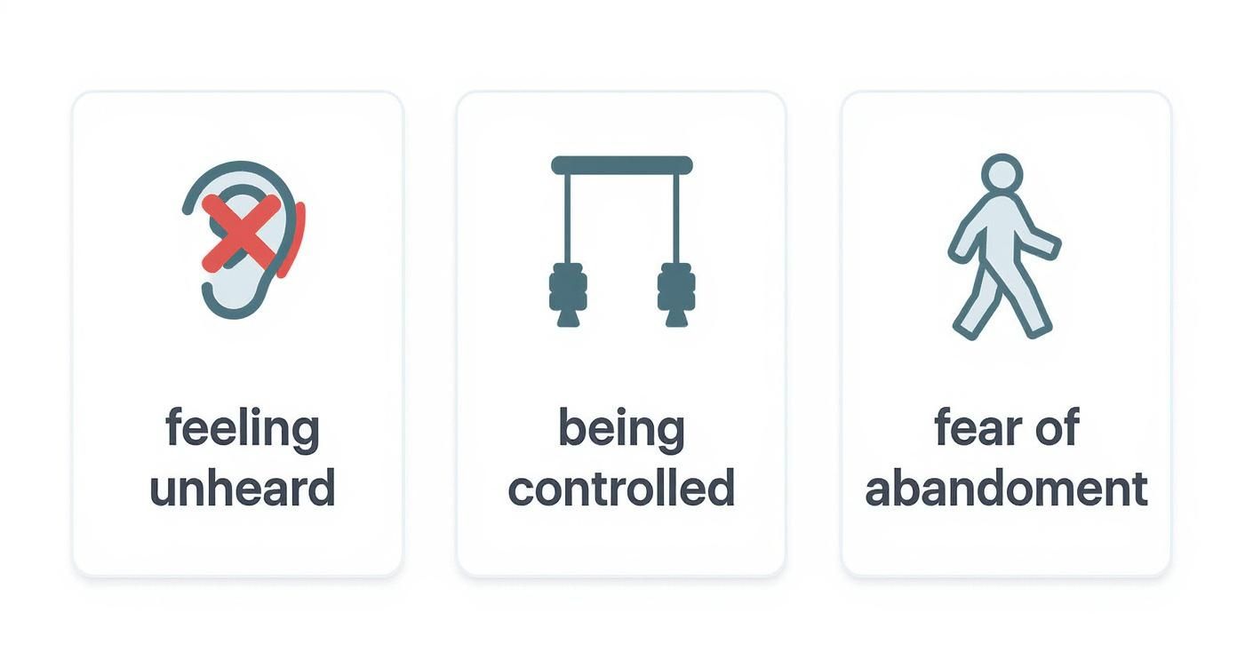 Infographic showing three common conflict triggers: Feeling unheard, Being controlled, and Fear of abandonment.