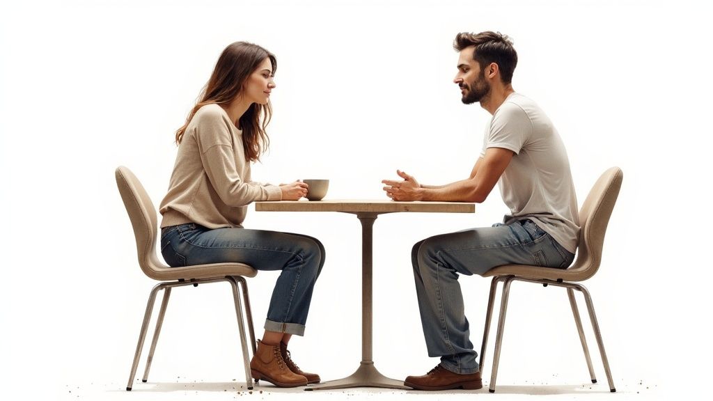 A diverse couple sitting at a kitchen table, talking openly and listening to each other with engaged expressions.