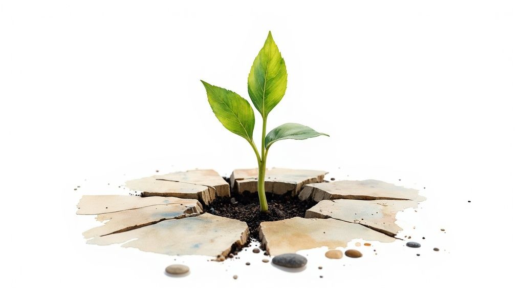 A person carefully tending to a small sapling in their hands, symbolizing personal growth and self-compassion.