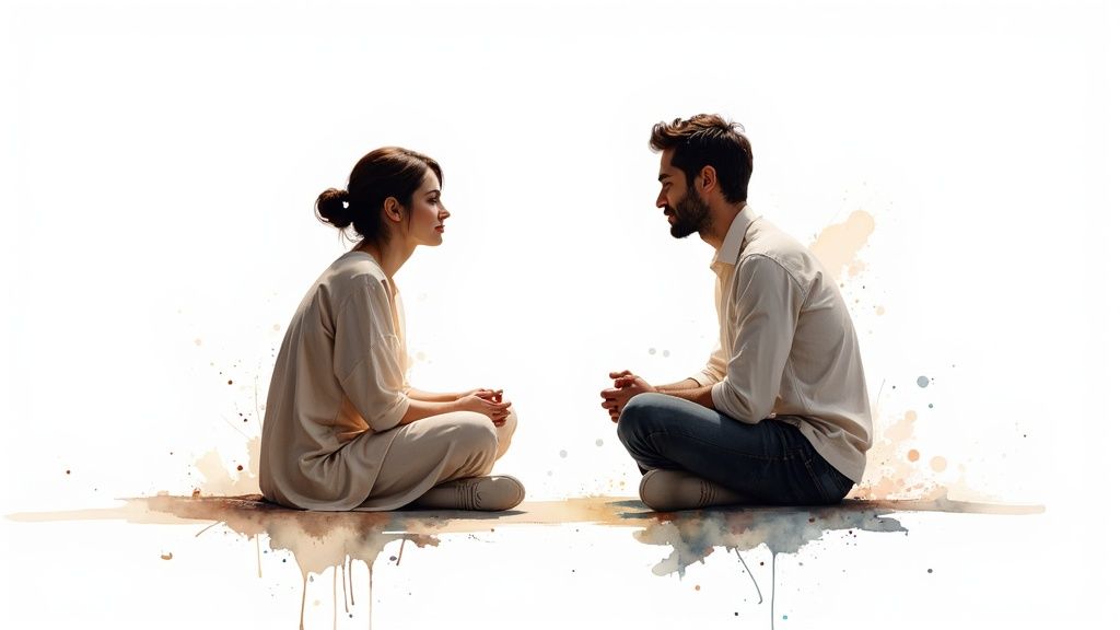 Two people sitting closely together on a couch, engaged in a deep and attentive conversation.