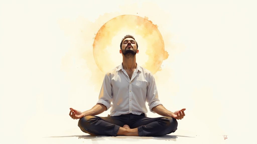 A man standing confidently on a mountaintop at sunrise, symbolizing inner strength and self-assurance.