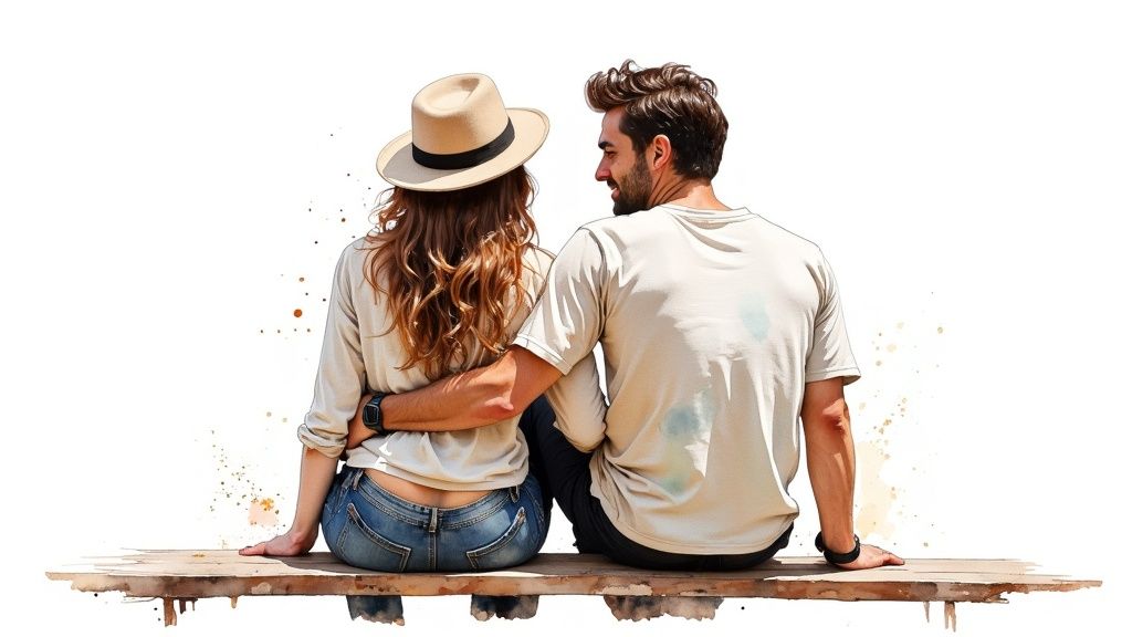 A man and woman sitting close together on a couch, with the man's arm gently touching the woman's back as they talk.