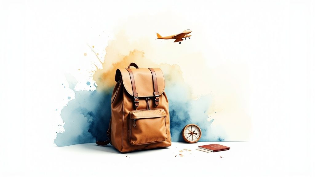 Brown leather backpack with airplane, compass, passport and travel accessories on watercolor background