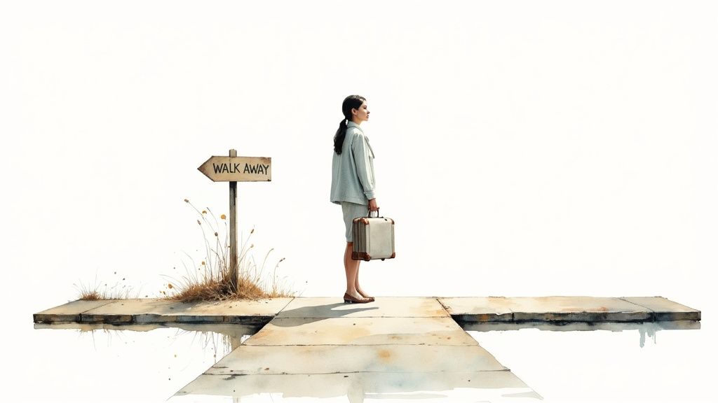 A woman standing at a crossroads, symbolizing the decision to stay or leave a relationship.