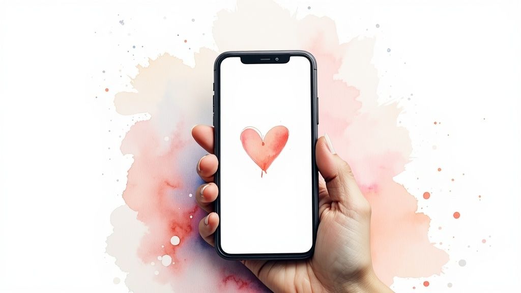 A woman looking at her phone with a puzzled expression.