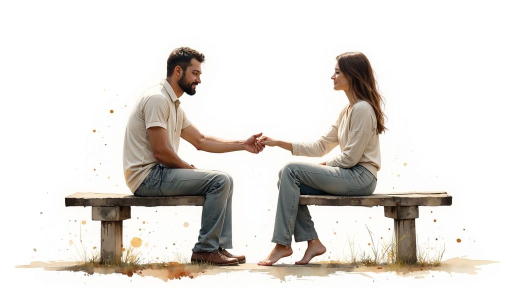 Two people sitting together on a couch, one looking away while the other looks on with a supportive, patient expression.