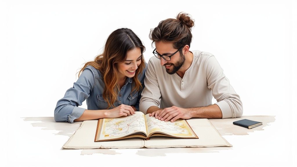 A couple sitting on a couch, talking seriously but warmly, representing a healthy conversation about their future.