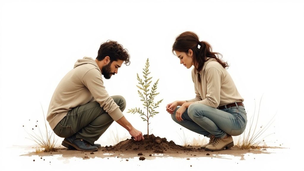 A couple sitting closely together on a couch, holding hands and looking at each other warmly.