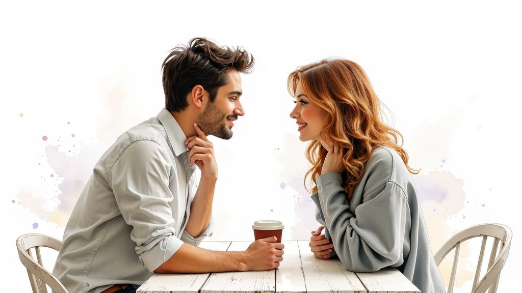 A couple sitting at a cafe, smiling and engaged in conversation, with one person leaning in slightly.