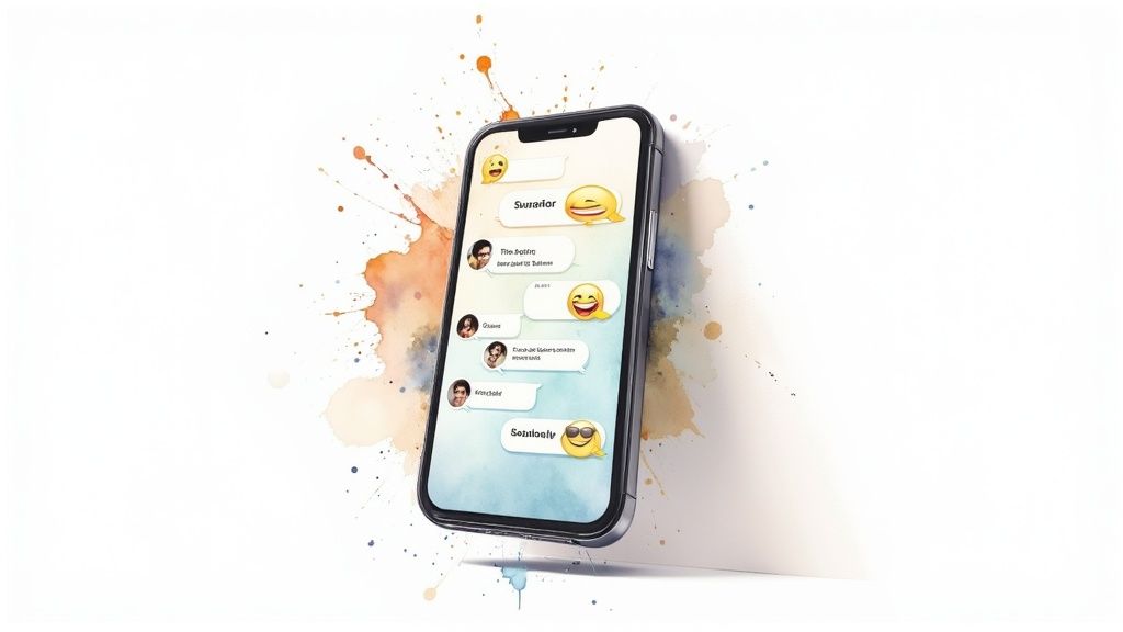 A person smiling while texting on their phone, indicating positive digital communication
