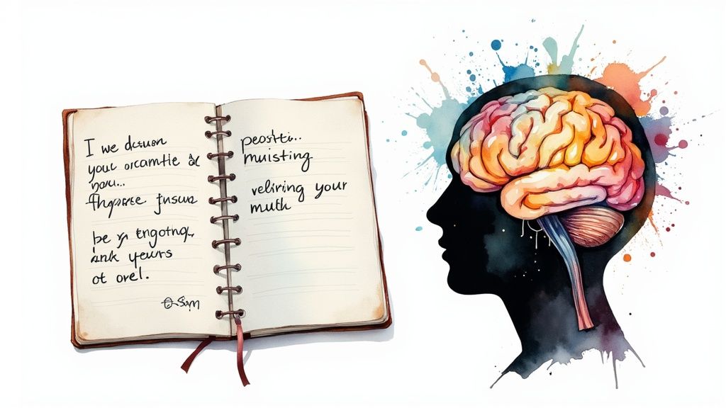 A person journaling in a calm environment, symbolizing the work of reframing internal thoughts.