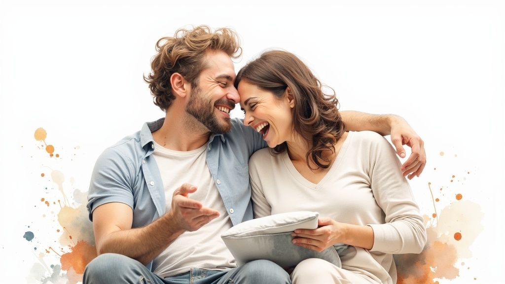 A couple playfully interacting, perhaps laughing together or sharing a lighthearted moment, emphasizing fun and connection.