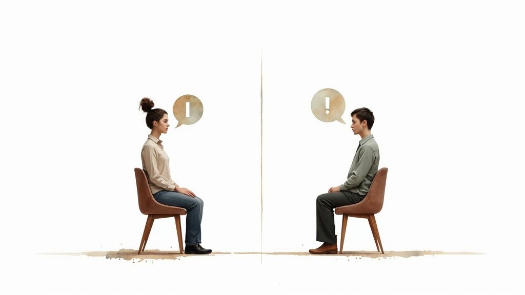 Two people sitting apart on a couch, representing a communication gap.