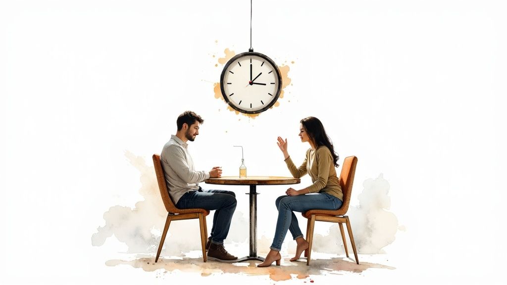 A couple sitting face-to-face on a sofa, talking calmly and constructively, representing healthy conflict resolution.