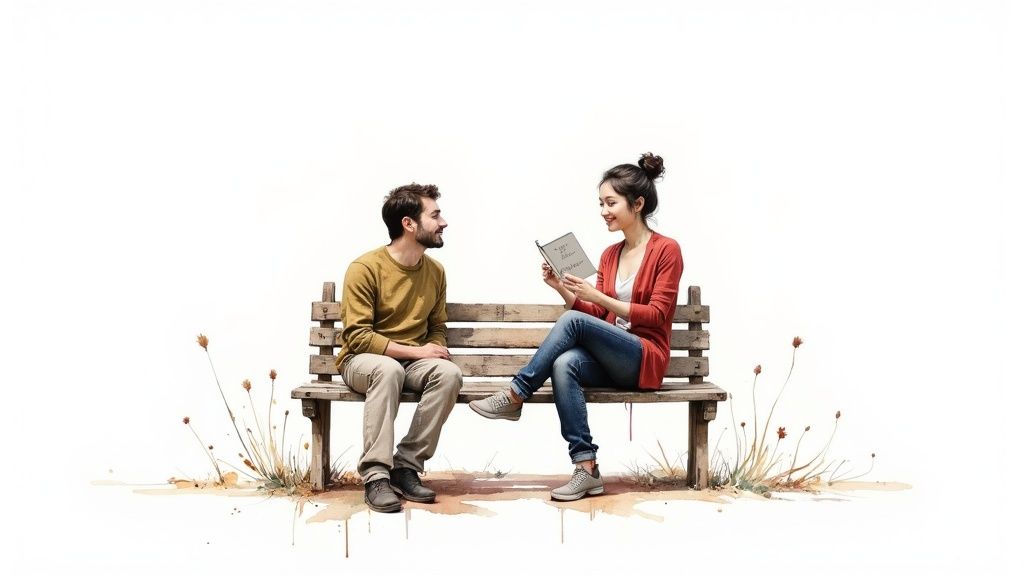 Two people smiling and looking at each other with interest