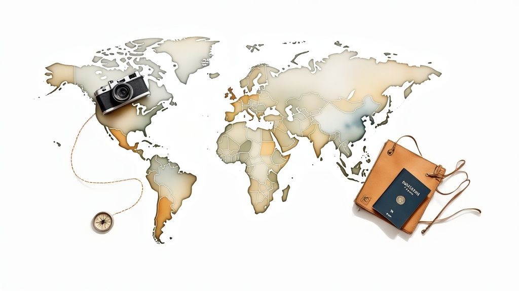 World map with vintage camera, compass, passport holder and travel accessories for adventure planning
