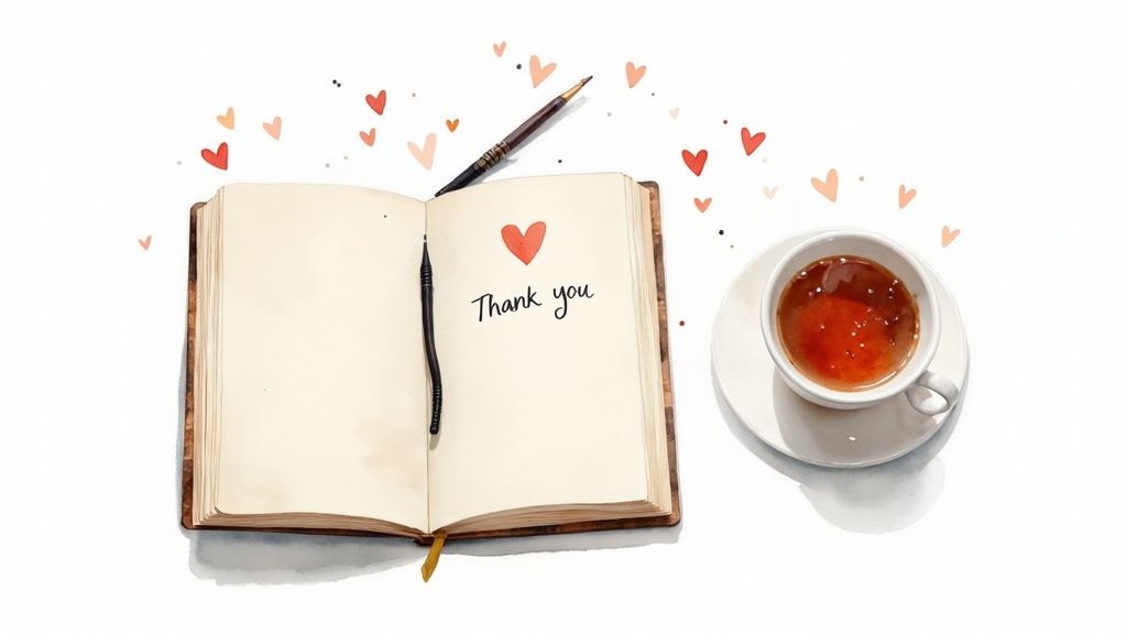 Open journal with thank you message, pen, and tea cup surrounded by hearts