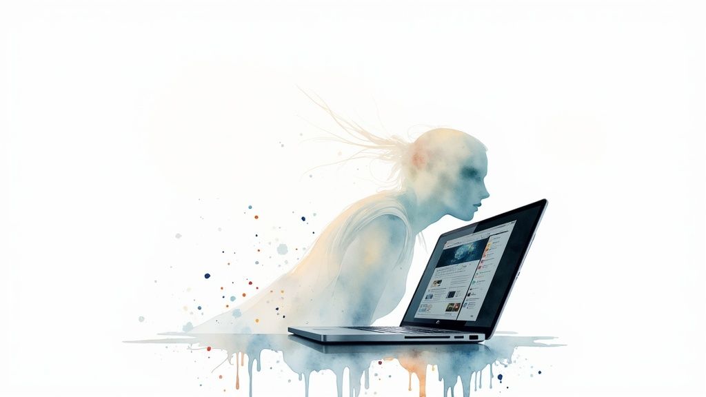 Watercolor illustration of translucent figure emerging from laptop symbolizing digital presence and online behavior