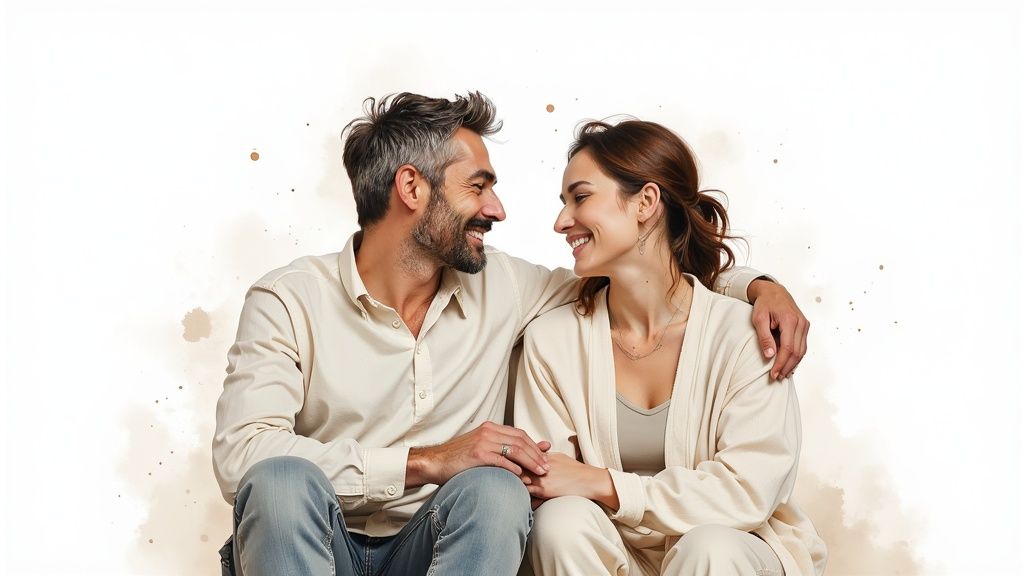 Two people holding hands, representing commitment.