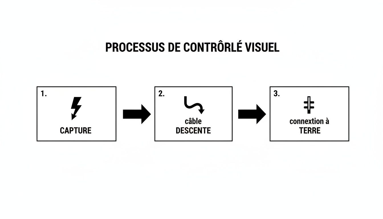 Schéma du processus de contrôle visuel en trois étapes : capture, câble de descente et connexion à la terre.
