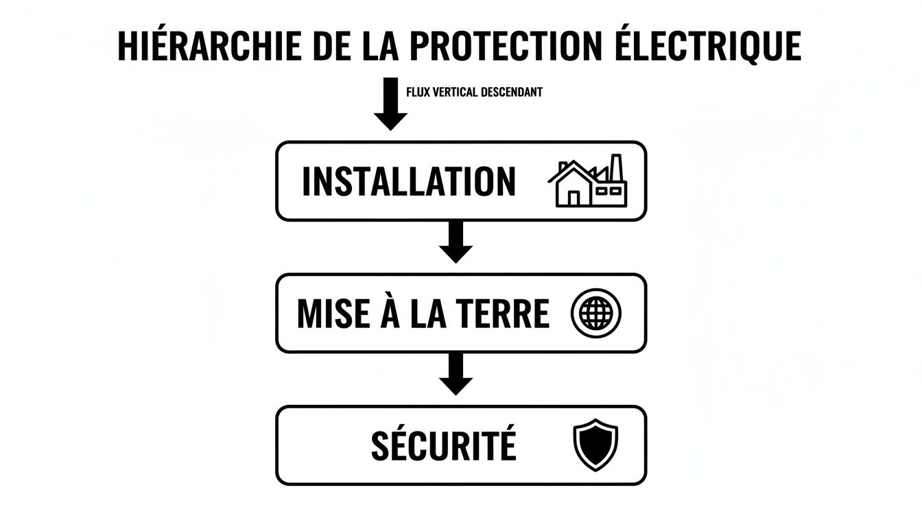Diagramme de la hiérarchie de la protection électrique: installation, mise à la terre, et sécurité, illustrant un flux descendant.