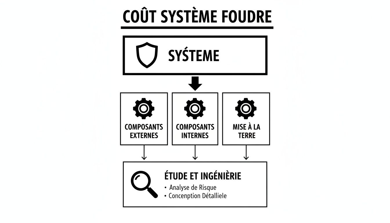 Diagramme détaillant le coût d'un système de protection foudre, incluant composants externes, internes, mise à la terre, et l'étude d'ingénierie.