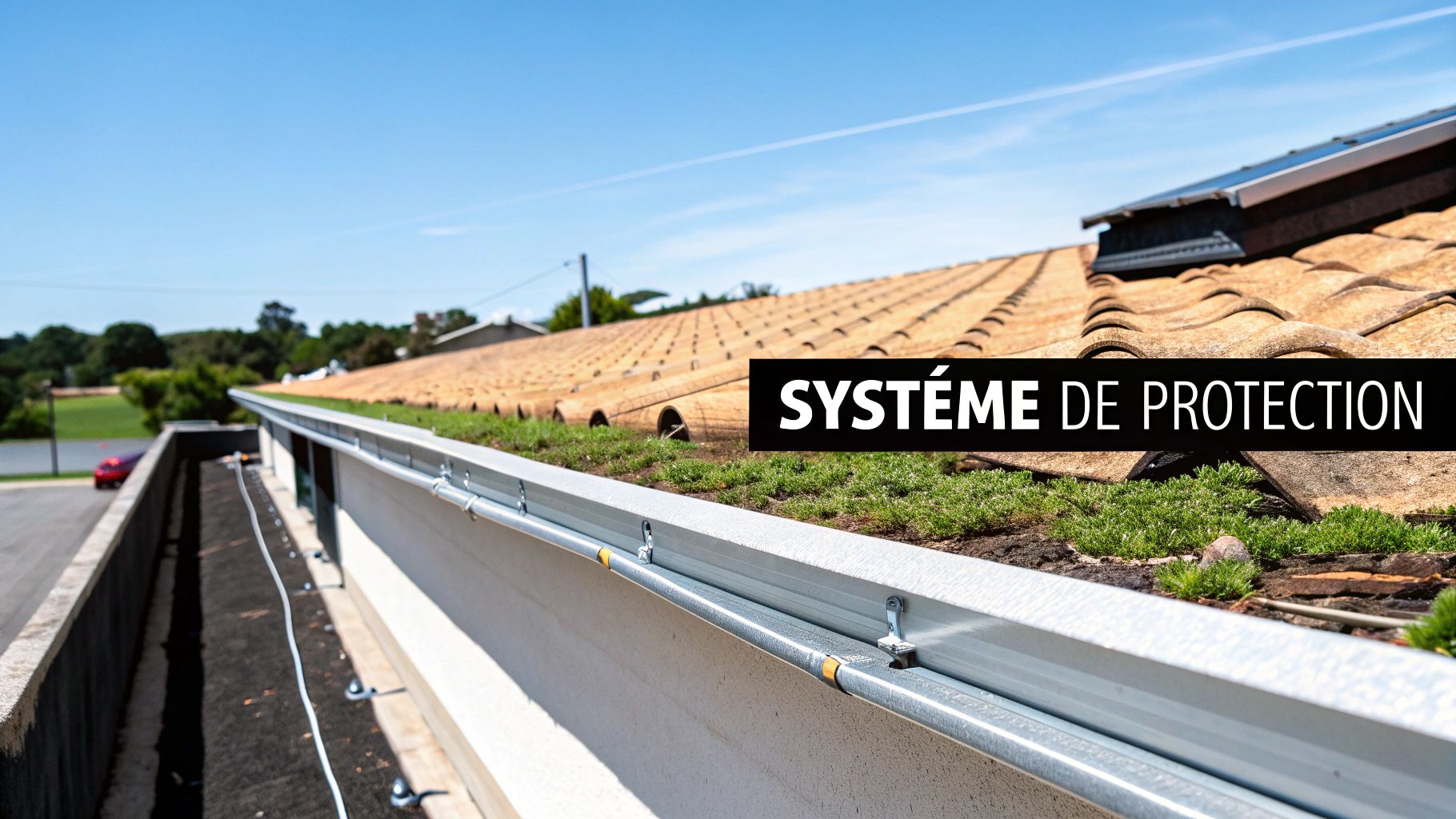 Image montrant un système de protection sur un toit de tuiles, avec un ciel bleu dégagé et de la verdure.