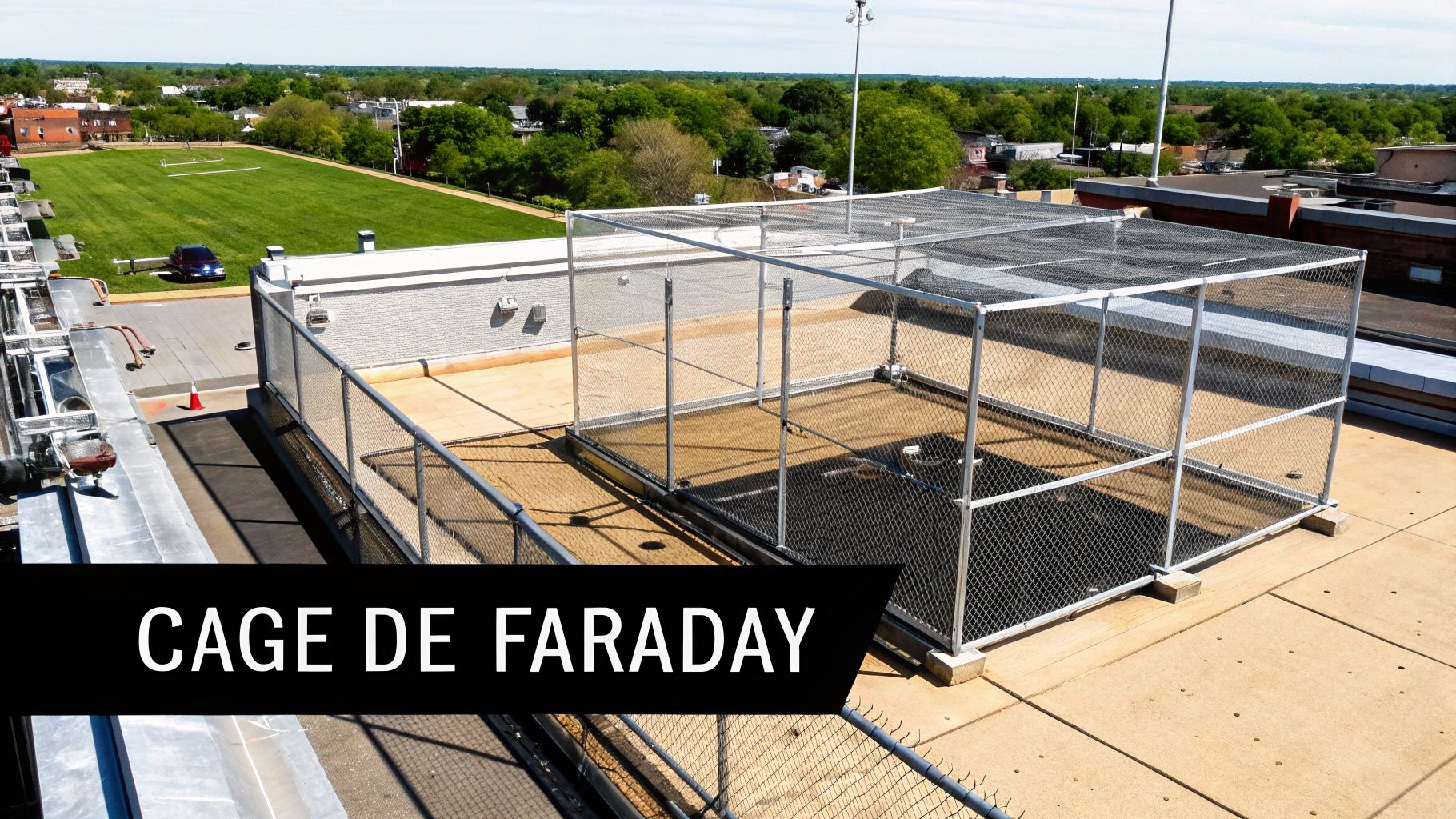 Grande cage de Faraday métallique sur un toit plat, protégeant l'équipement des coups de foudre, avec un champ vert en arrière-plan.