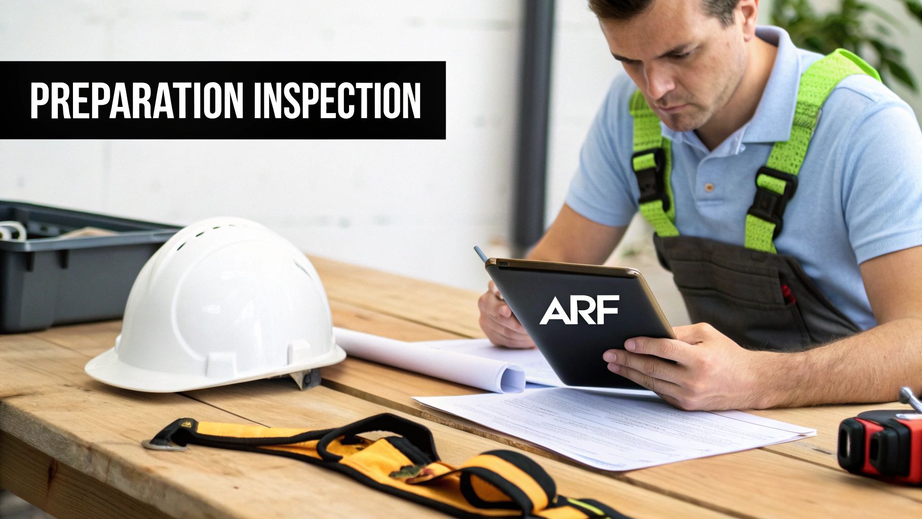 Un professionnel du bâtiment vérifie des documents sur une tablette, à côté d'un casque blanc, pour une inspection.