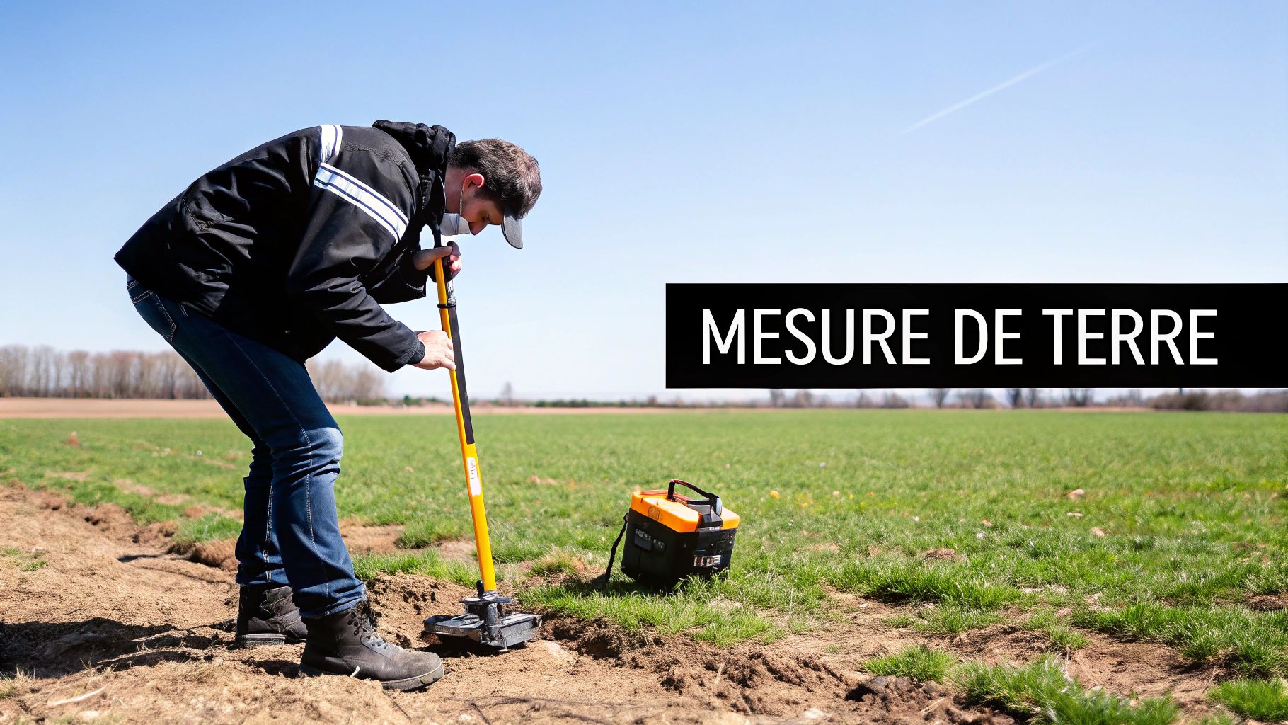 Un homme réalise une mesure de terre dans un grand champ verdoyant à l'aide d'un équipement spécialisé.