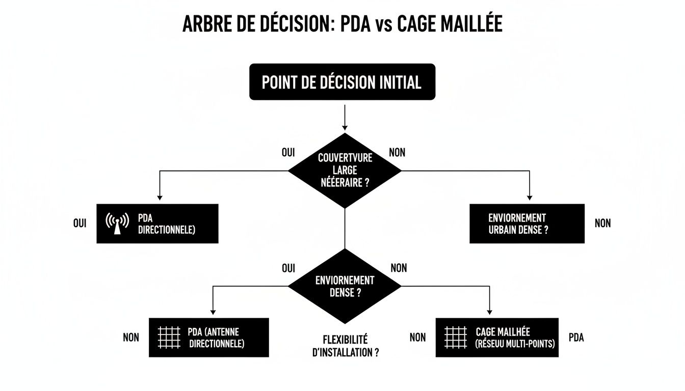 Arbre de décision comparant les options PDA directionnelle et cage maillée pour les besoins de couverture et d'environnement.