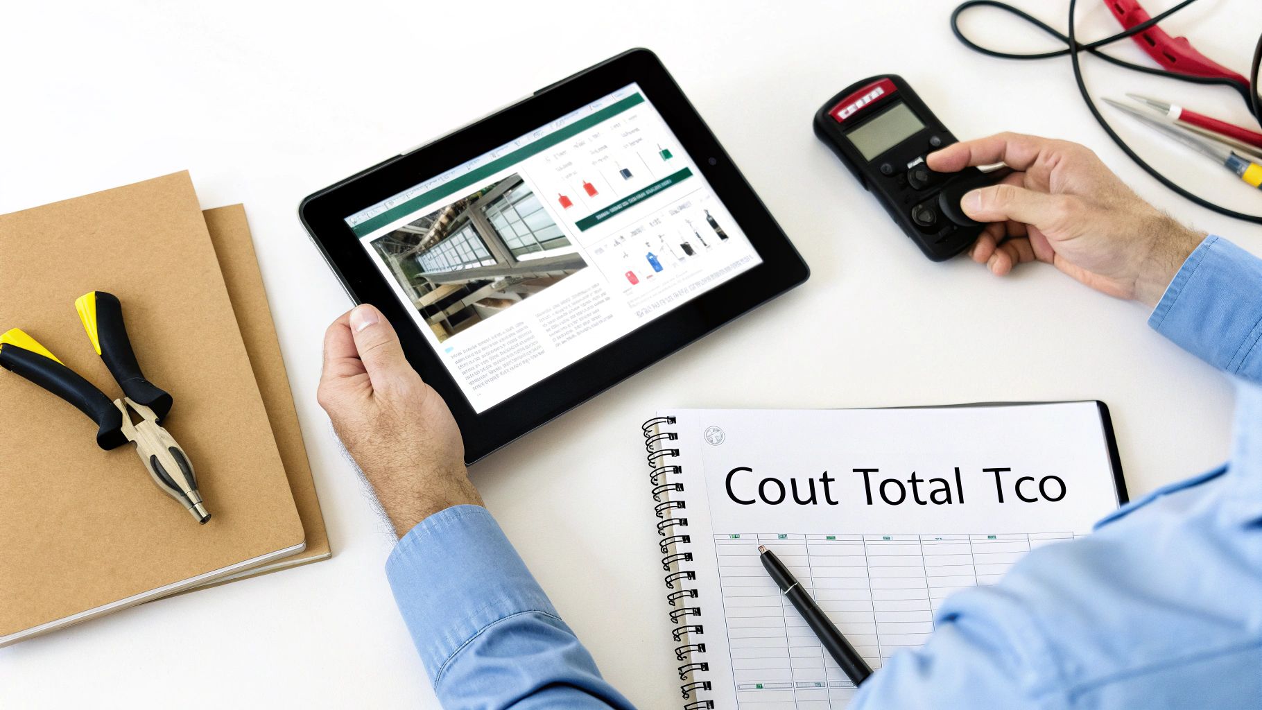 Un homme calcule le coût total d'un projet sur sa tablette et son carnet, entouré d'outils.