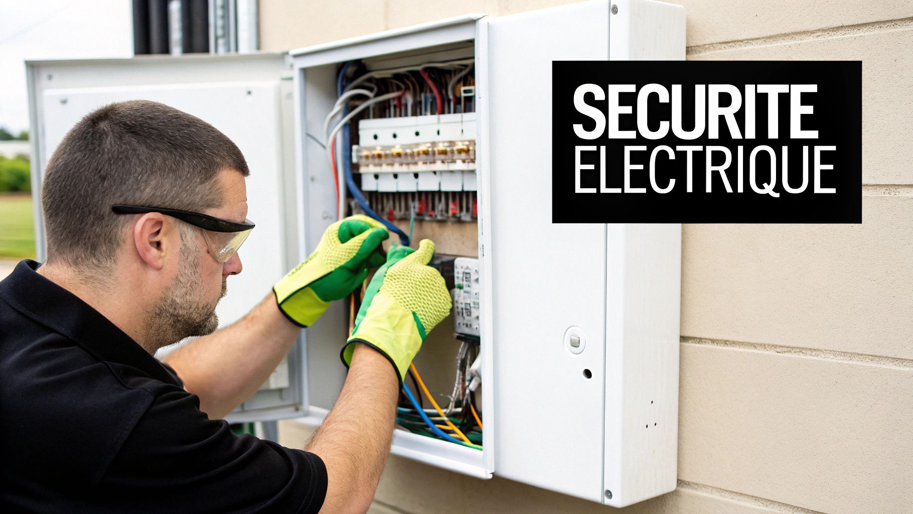 Un électricien portant des lunettes de sécurité et des gants travaille sur un tableau électrique ouvert, soulignant la sécurité électrique.