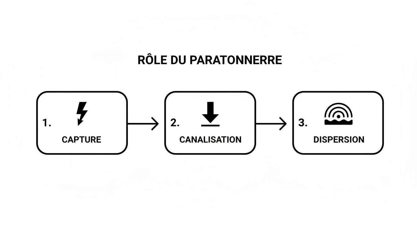 Schéma montrant les trois étapes du rôle d'un paratonnerre : capture, canalisation et dispersion de la foudre.