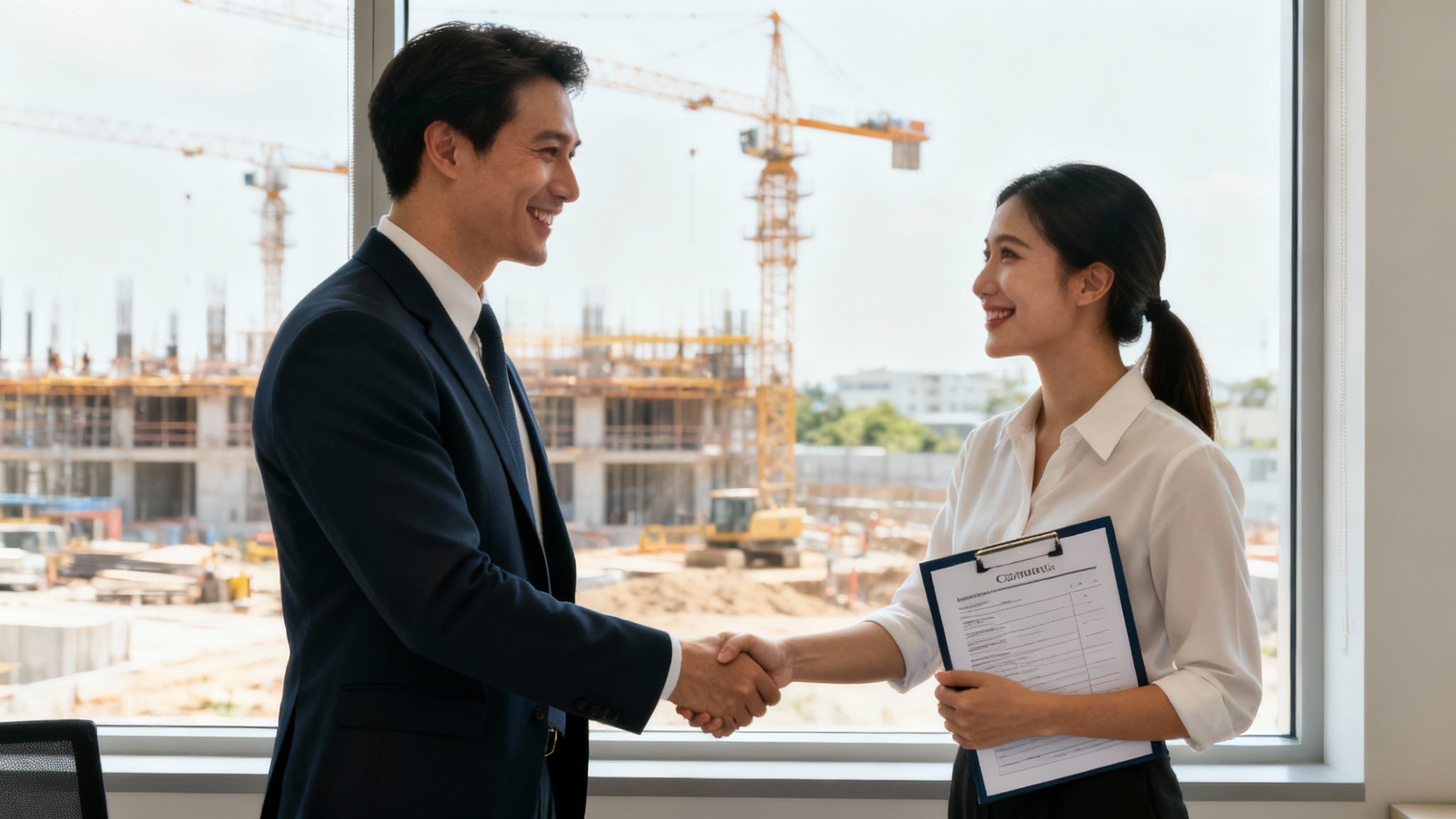 Two smiling business professionals shaking hands in front of a window overlooking a construction site.