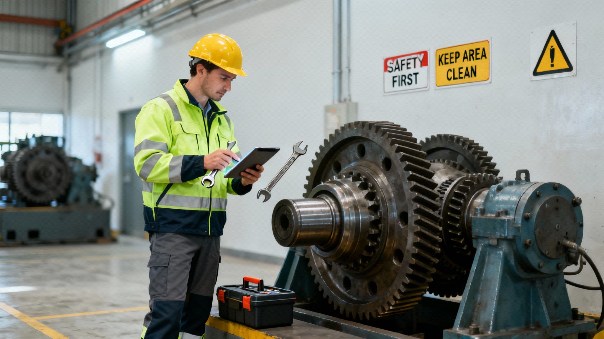 A mechanical engineer in safety gear inspects large industrial gears, holding a tablet and wrenches.