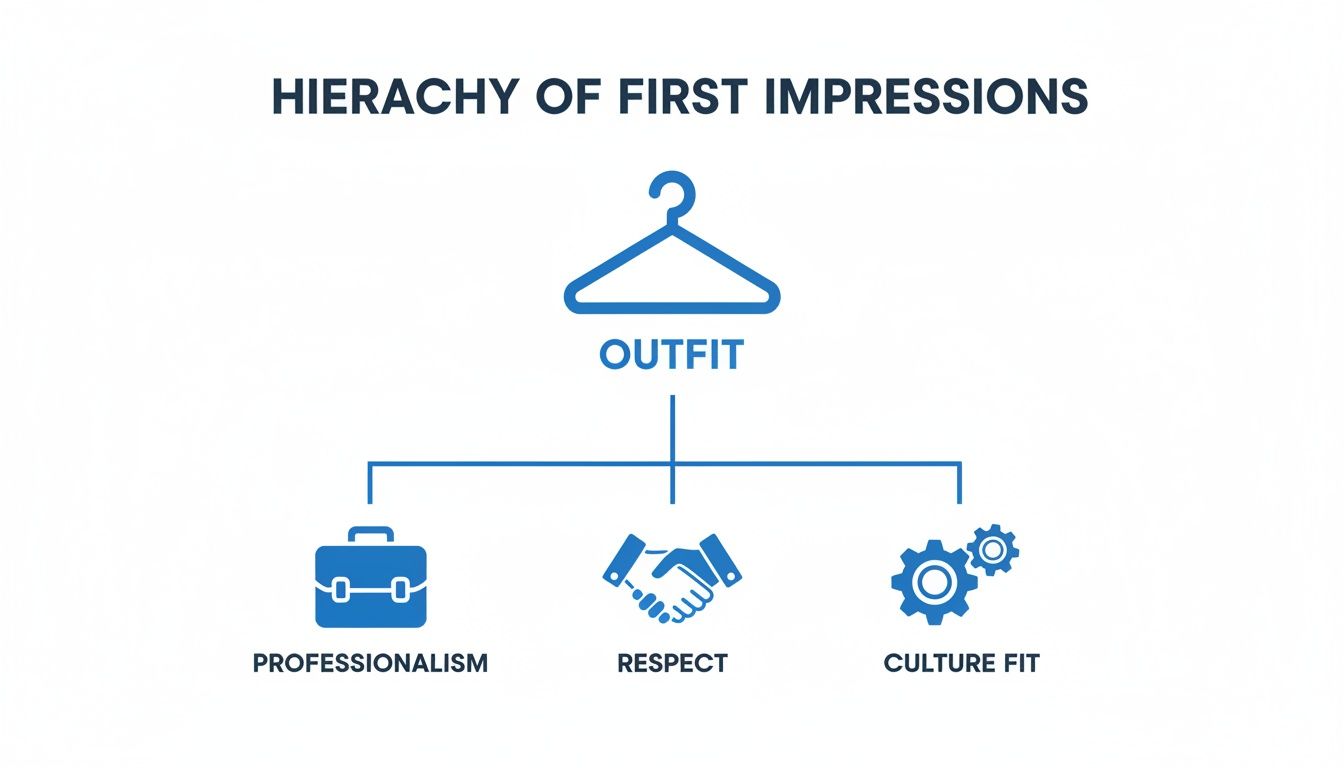 Hierarchy of first impressions showing outfit influencing professionalism, respect, and culture fit.