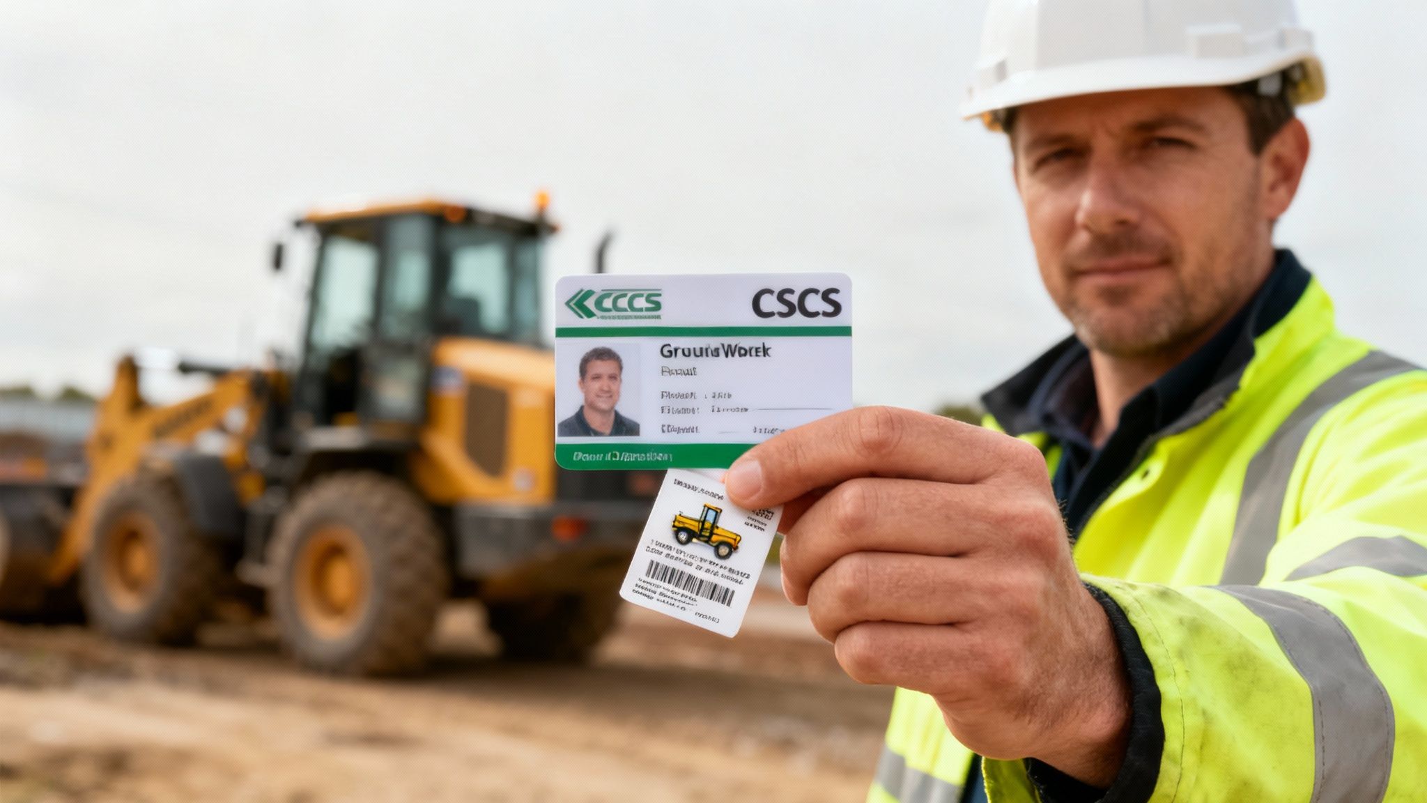 A groundworker in a hard hat and hi-vis jacket holds a CSCS card on a construction site.