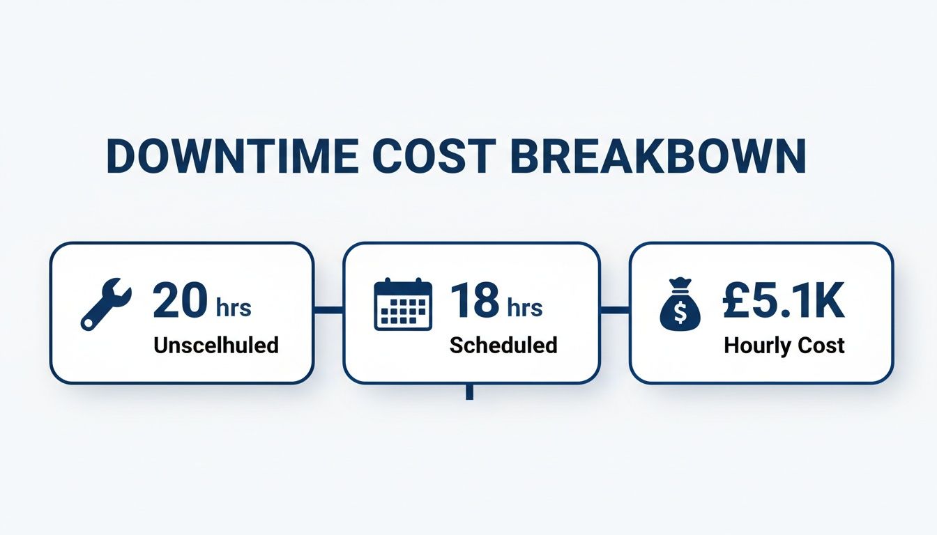 Infographic detailing a downtime cost breakdown: 20 unscheduled hours, 18 scheduled hours, and a £5.1K hourly cost.