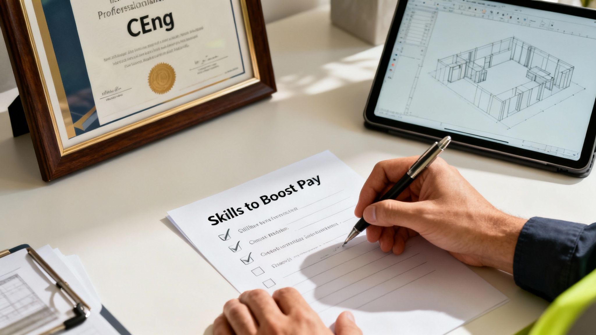 A professional checks off skills on a 'Skills to Boost Pay' list, next to a CEng certificate and tablet.
