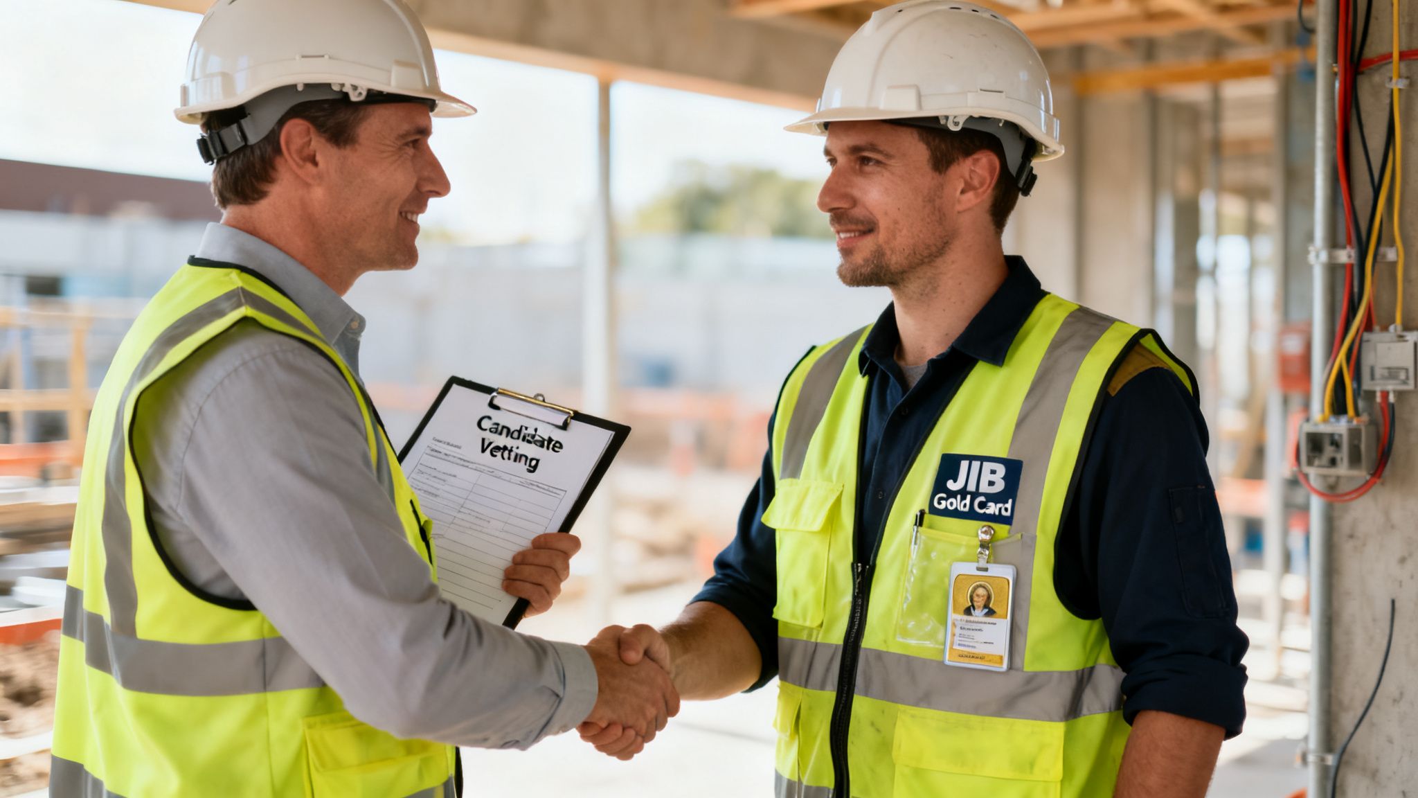 Two construction workers in hard hats and high-vis vests shaking hands, one holding a "Candidate Vetting" clipboard.