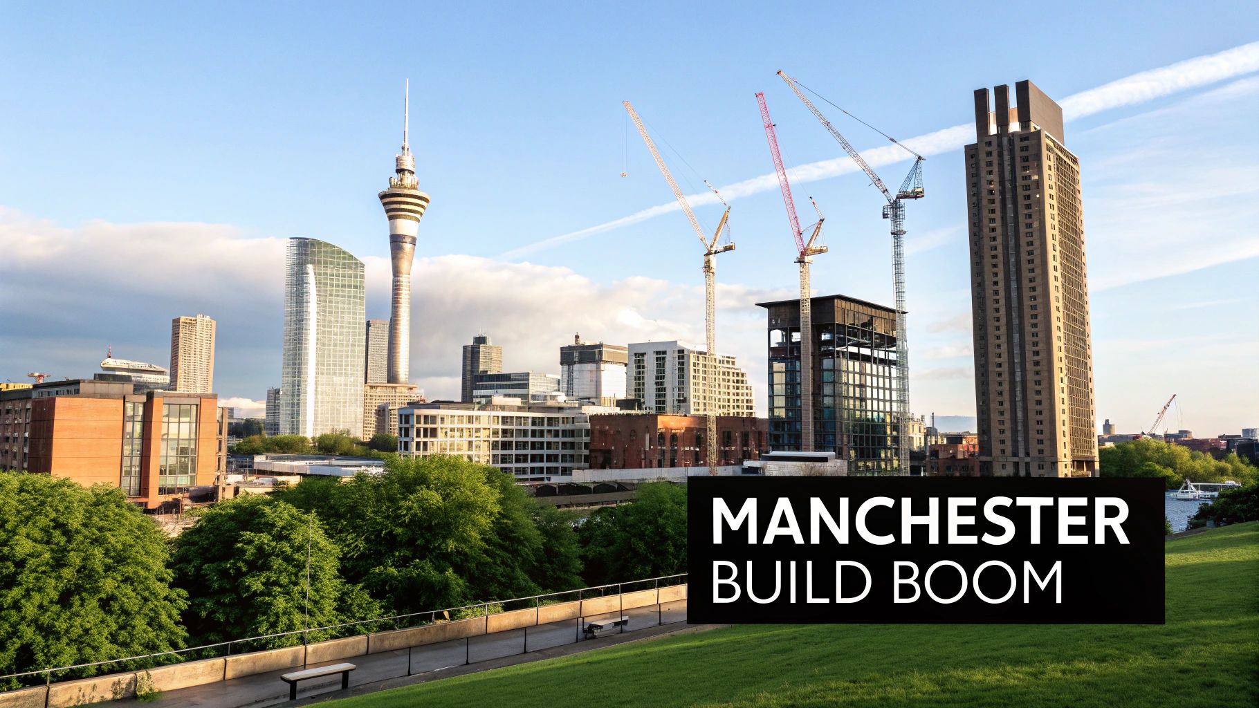 A panoramic view of Manchester&#39;s skyline, showcasing numerous cranes and modern buildings under construction.