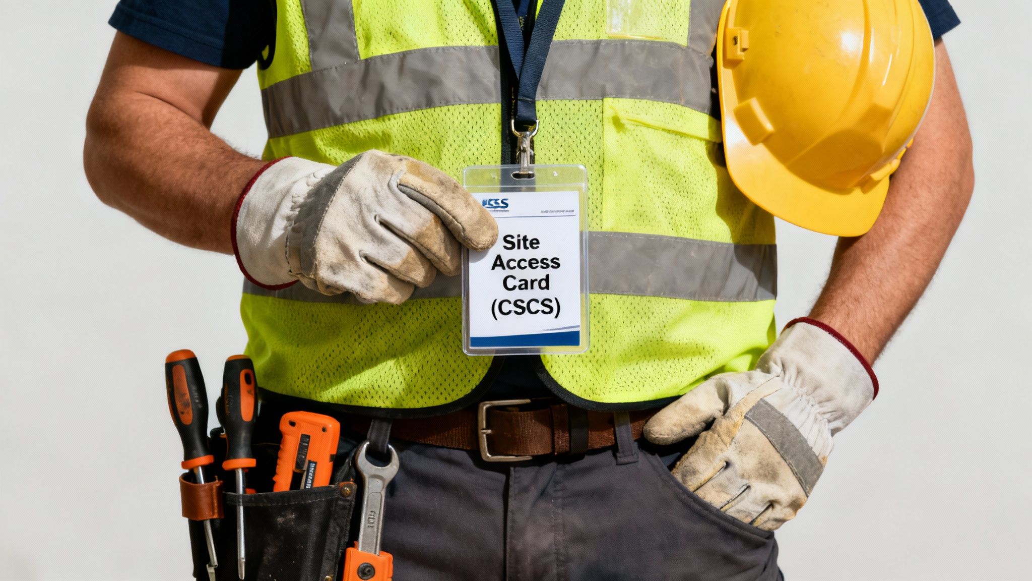 A construction worker wearing a hi-vis vest and gloves holds a Site Access Card and a yellow hard hat.