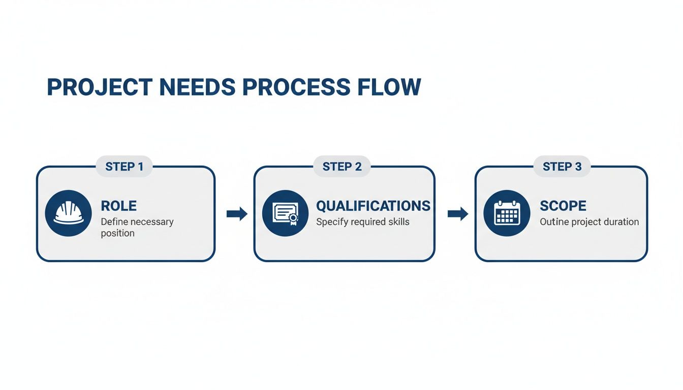 A process flow diagram detailing three steps for project needs: role, qualifications, and scope.
