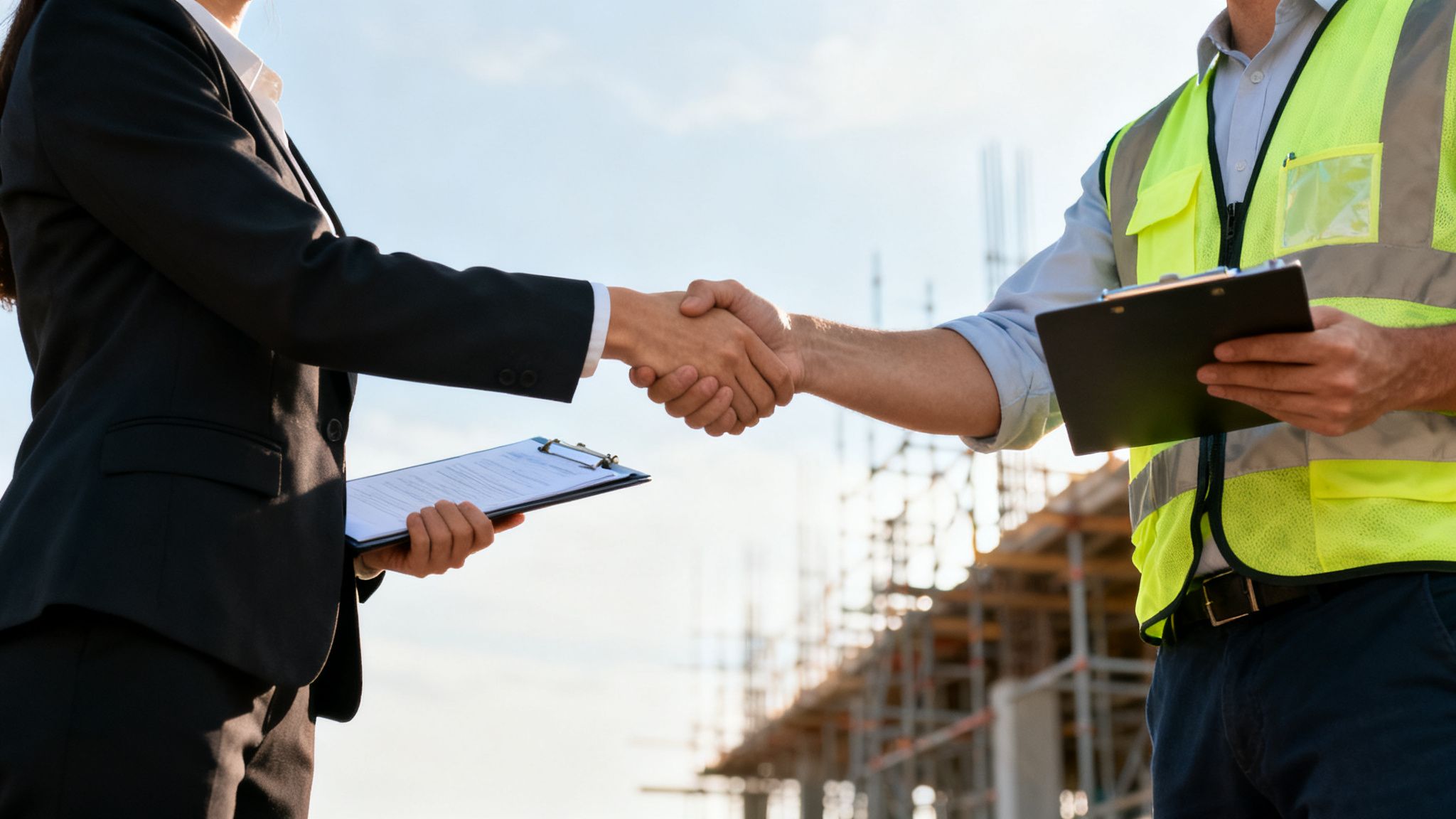 Two professionals, a businesswoman and a construction worker, shake hands at a building site, both holding clipboards.