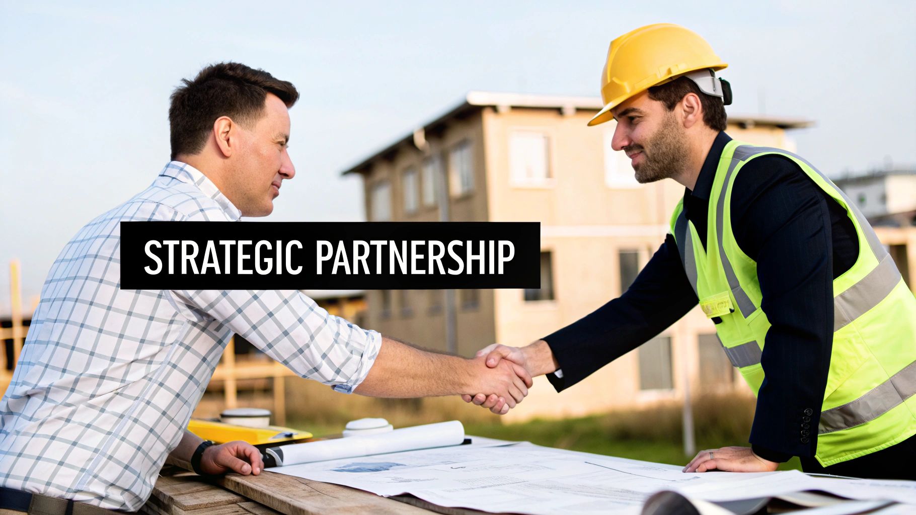 Two construction professionals shaking hands on a building site in Essex, symbolising a partnership.