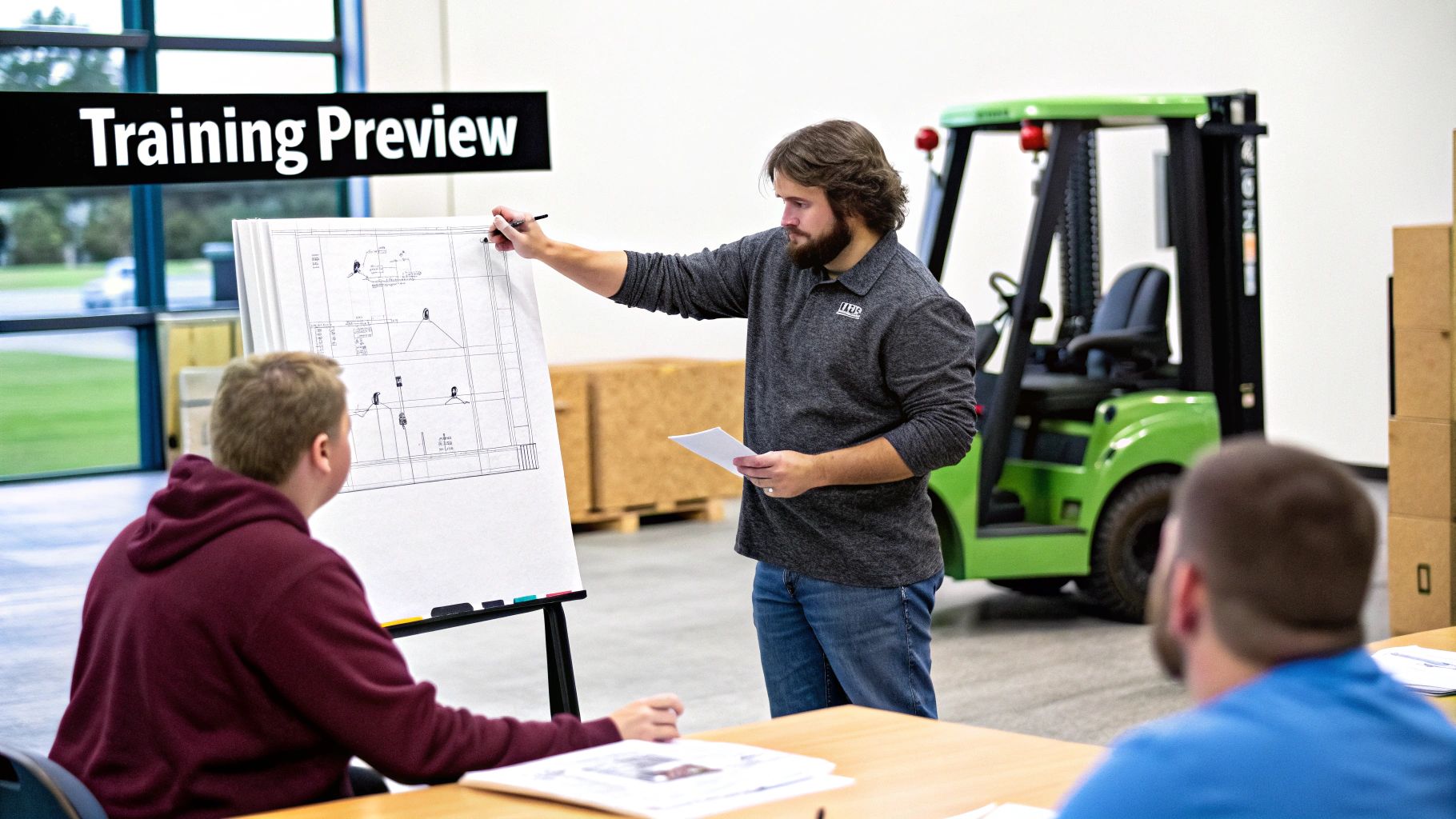 A person operating a forklift inside a warehouse