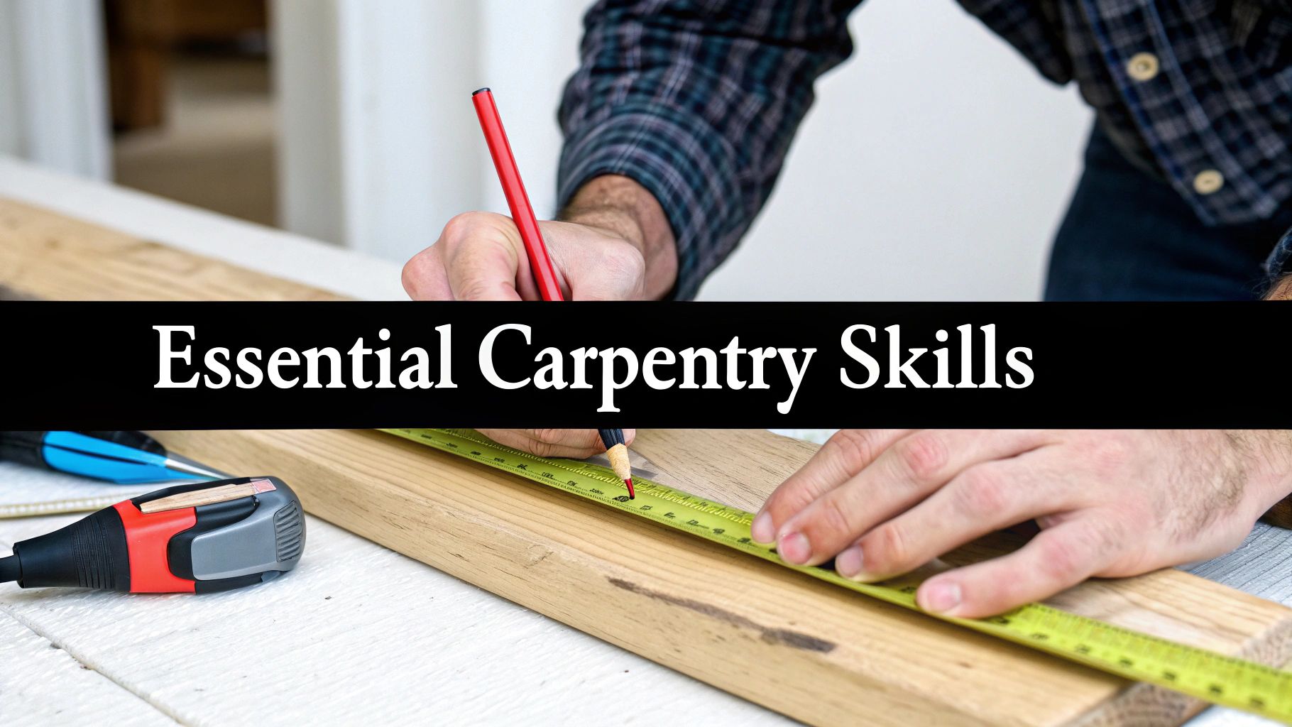 A carpenter with safety glasses on is precisely cutting a wooden plank with a circular saw.