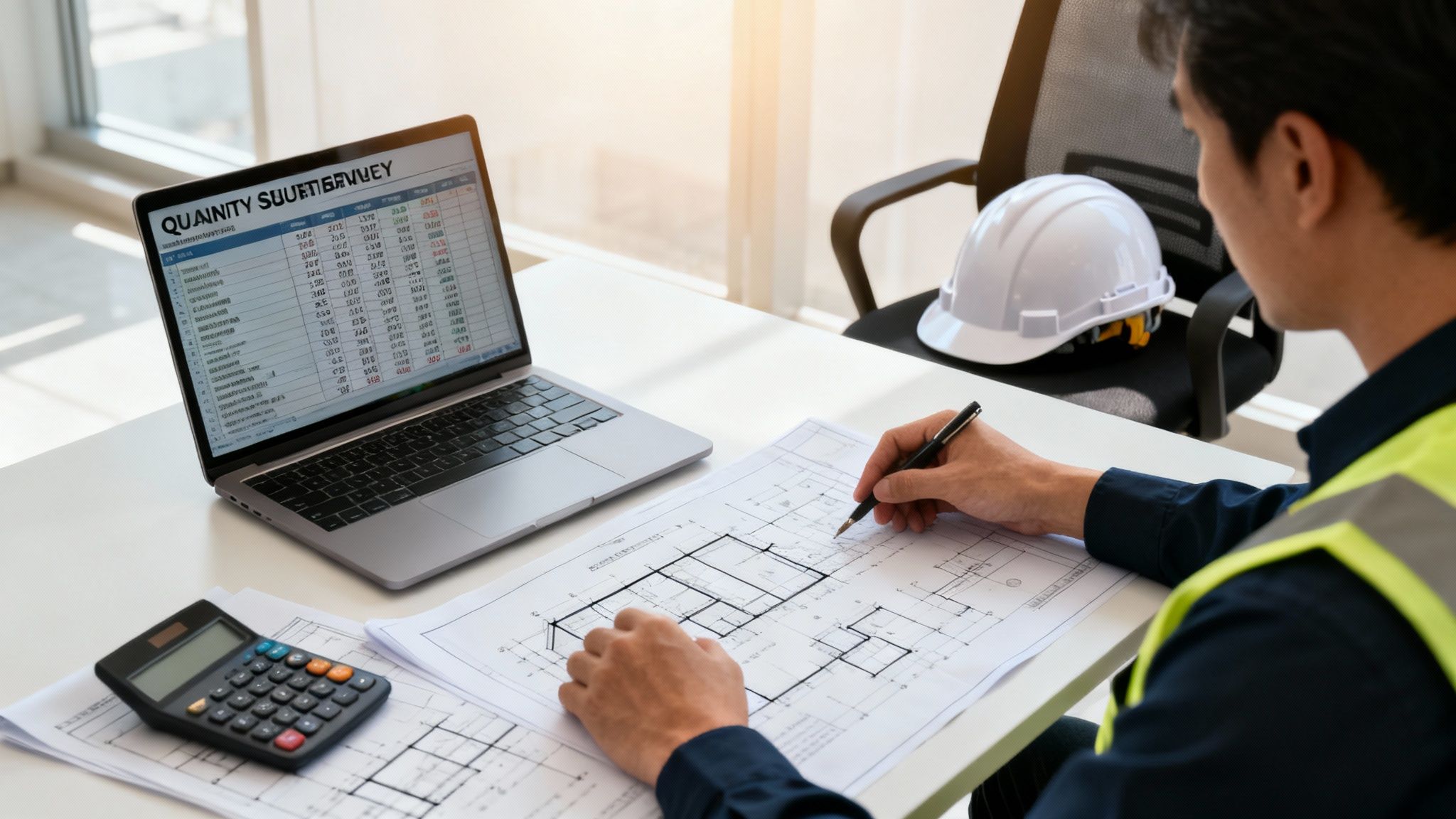 Engineer in safety vest reviewing blueprints and calculations on laptop and paper at a desk.