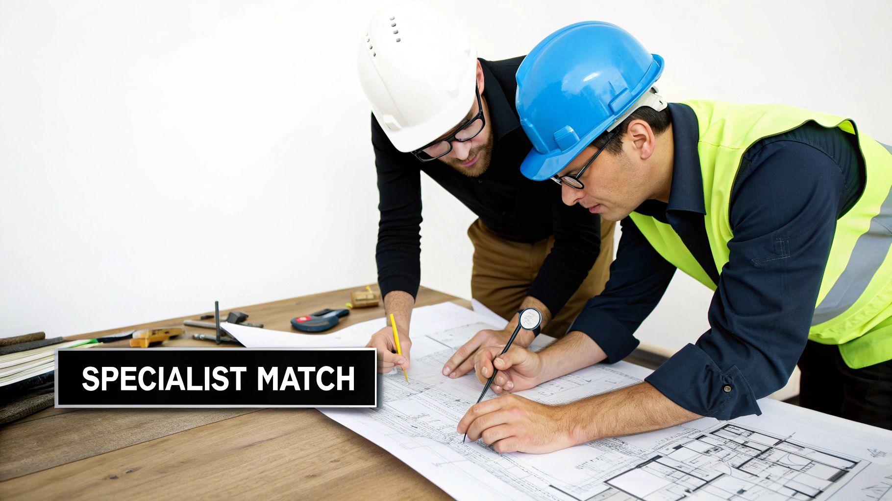 Construction team discussing blueprints on a Manchester building site.